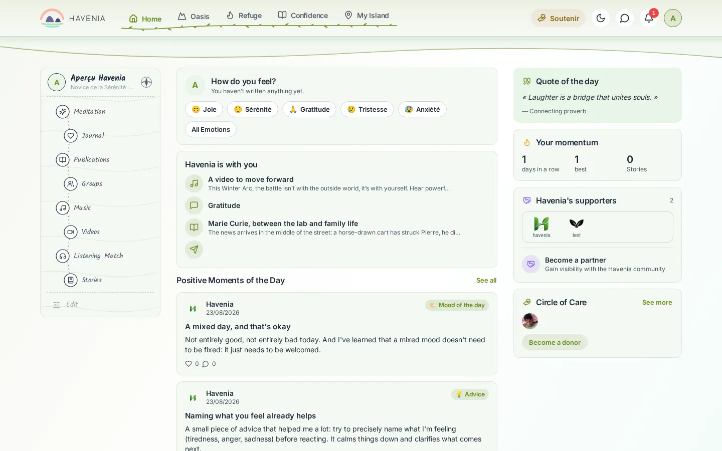 The Havenia home screen on a computer