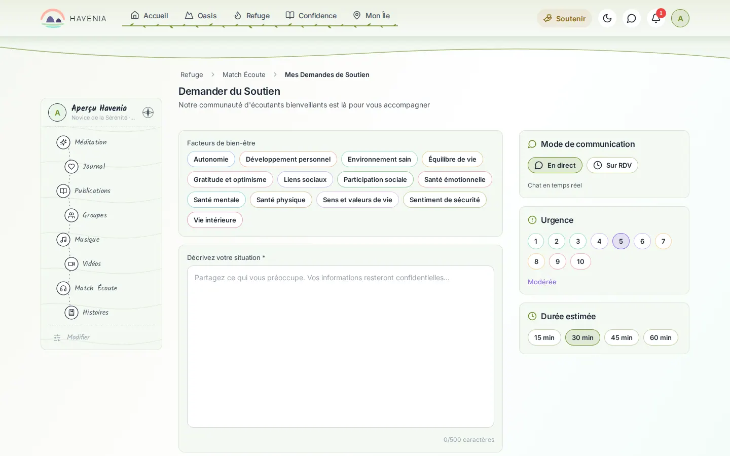 Le formulaire « Demander du Soutien » sur ordinateur